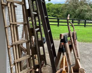 Hay loft ladder, painter's ladder, tobacco stick ladders -  make great blanket / throw holders in a home. Wood carpenter boxes, wood barn stars, cast iron pot, pulleys, yokes and other fabulous rustic farm equipment.