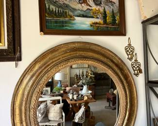 Original, signed vintage painting. Huge found gold mirror, brass sconces