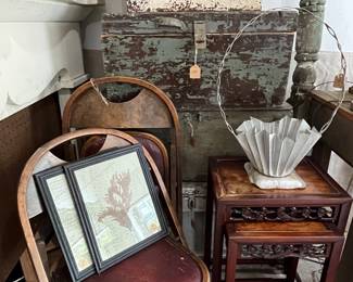 vintage art deco wooden theater chairs, nesting tables, antique trunks / chests, botanical prints, cool metal  / zinc basket