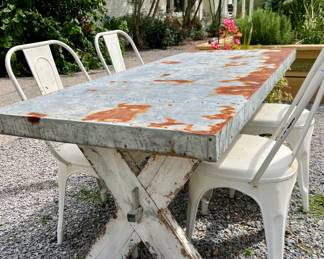Metal top, wood X base table and chairs with great patina 