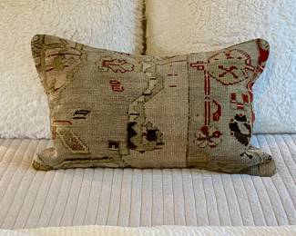 Ugg Euro pillows, Turkish rug pillow, coverlet, duvet cover. LOTS more bedding at the sale. 