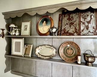 Wall shelf (love the scallops!) + everything on it for sale: silver plate, new frames, original art, silver plate, brass, sconces, vintage art