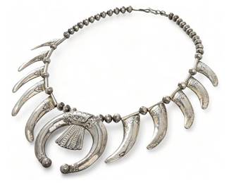 Native American Sterling Silver Bear Claw Squash Blossom Necklace