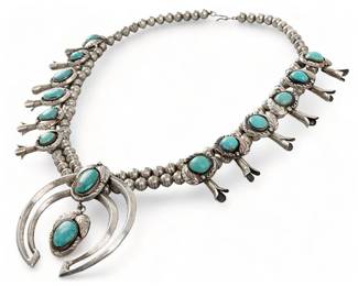 Native American Sterling Silver Turquoise Squash Blossom Necklace