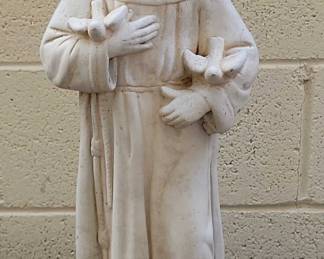 Cement Statue Of Monk With Birds