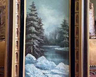 Signed Winter Scene Painting On Canvas