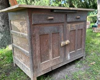Hoosier Cabinet, was used as a work bench and needs a new top, but great find for restoration!