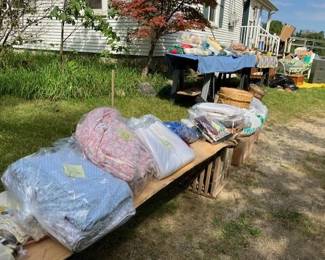 Fabric and Linens, Vintage patterns and like new condition on linens, plus yard and crochet materials!