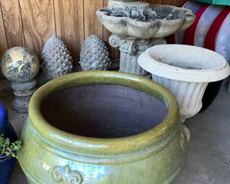 Nice Yard art, pots, bird bath