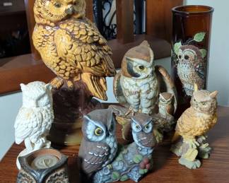 Ceramic Owl Figurines, Various Sizes, Approx Qty 6, And Owl Glass Candle