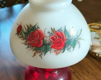 Glass 15" Hurricane Oil Lamp With Hand Painted Rose Bud Shade