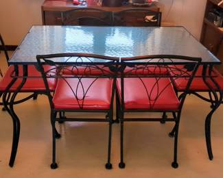 Matel Framed Glass Top Table, 29" x 50" x 30", Contents Not Included, And Dining Chairs With Upholstered Seats, Qty 6