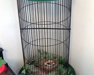Cylindrical Metal Bird Cage On Metal Stand, 56" x 16" Diameter