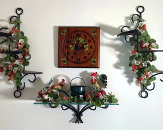 Scrolled Metal Wall Shelves With Faux Strawberry Vines, Qty 3, And Painted Wood Wall Clock
