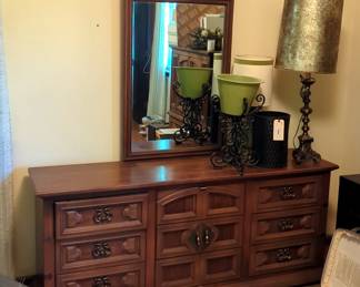 Mid Century Wood 9 Drawer Dresser With Mirror, 70" x 18" x 30.5