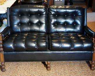 Mid Century Scandinavian Style Turned Wood And Button Tufted Leather Love Seat, 56" x 34" x 34"