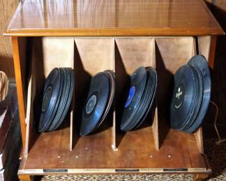 Vintage 4 Slot Wood Record Cabinet, 30" x 15" x 28", Includes Records