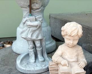 Outdoor Decor, Including Concrete Figurines Of A Boy Reading, Girl Holding Umbrella, And A Bird Bath Stand
