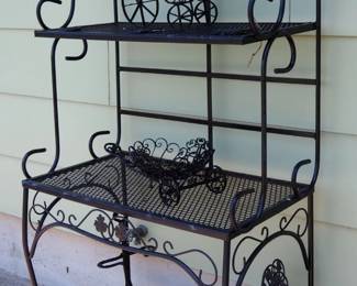 Metal Outdoor 4 Shelf Bakers Rack, 70" x 31" x 19", With Metal Miniature Furniture Plant Holders, Including Trike, Chair, Wagon, And More