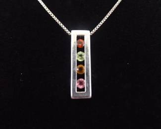 .925 Sterling Silver Multi Stone Bar Pendant Necklace

