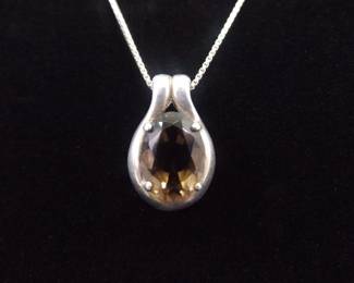 .925 Sterling Silver Oval Cut Smokey Quartz Pendant Necklace
