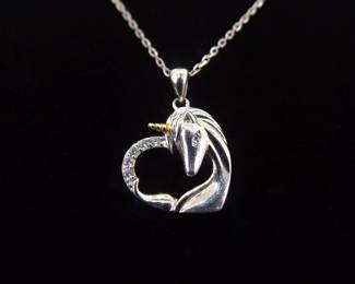 .925 Sterling Silver Gold Accented Crystal Unicorn Heart Pendant Necklace
