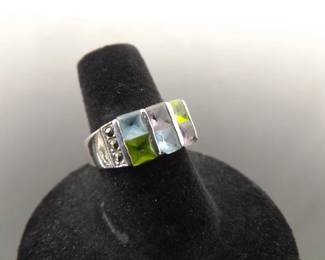 .925 Sterling Silver Topaz, Peridot, and Amethyst Art Nouveau Ring Size 6.75
