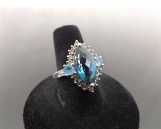 .925 Sterling Silver Aquamarine and Topaz Crystal Ring Size 8
