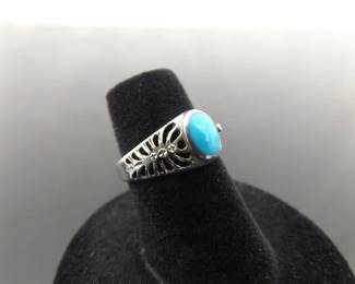 .925 Sterling Silver Turquoise Cabochon Native American Squash Blossom Size 5
