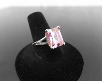 .925 Sterling Silver Emerald Cut Pink Sapphire Crystal Ring Size 9
