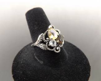 .925 Sterling Silver Citrine and Smokey Quartz Crystal Ring Size 9.25
