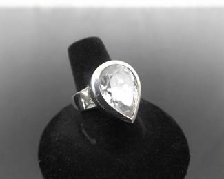 .925 Sterling Silver Large Pear Cut Zirconia Solitaire Ring Size 8

