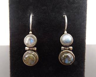 .925 Sterling Silver Labradorite and Moonstone Cabochon Hinged Hook Earrings
