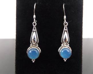 .925 Sterling Silver Chalcedony Cabochon Dangle Hook Earrings
