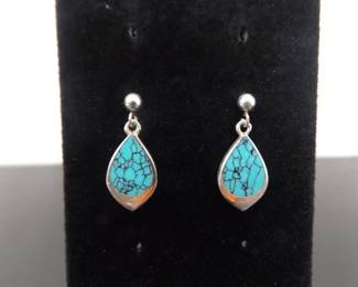 .925 Sterling Silver Inlayed Turquoise Howlite Dangle Post Earrings
