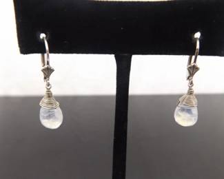 .925 Sterling Silver Moonstone Dangle Hook Latch Earrings
