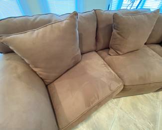 Pair of oversized large theatre style COMFY/COZY EXTRA LONG sectional sofas/couches. Buy 1 or buy the pair. Comes in four separate pieces with connectors. Approx dimensions each sofa: Width 159" x depth 40" x height 34" including cushions.   