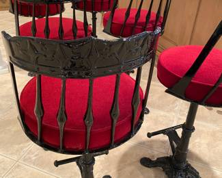 Fabulous set of 6 antique parlor swivel black laquered bar stools with red plush comfy cushioned seats and foot rest. Dimensions: Seat height 31". Back height 42".  Heavy and solid. 