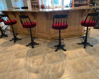 Fabulous set of 6 antique parlor swivel black laquered bar stools with red plush comfy cushioned seats and foot rest. Dimensions: Seat height 31". Back height 42".  Heavy and solid. 