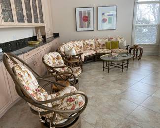 Rattan upholstered sofa/couch w/matching large and small rattan upholstered chairs.  Sold together or separately. Sofa dimensions: Width 32". Large chair: W 28" x D 33".  Small chair: W 30" x D 31".  See matching rattan coffee table with white top to this set in this sale. So pretty for sunroom/porch, too!