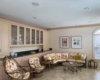 Rattan upholstered sofa/couch w/matching large and small rattan upholstered chairs.  Sold together or separately. Sofa dimensions: Width 32". Large chair: W 28" x D 33".  Small chair: W 30" x D 31".  See matching rattan coffee table with white top to this set in this sale. So pretty for sunroom/porch, too!