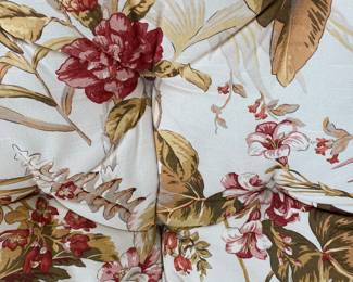 Rattan upholstered sofa/couch w/matching large and small rattan upholstered chairs.  Sold together or separately. Sofa dimensions: Width 32". Large chair: W 28" x D 33".  Small chair: W 30" x D 31".  See matching rattan coffee table with white top to this set in this sale. So pretty for sunroom/porch, too!