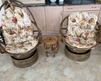 Rattan upholstered sofa/couch w/matching large and small rattan upholstered chairs.  Sold together or separately. Sofa dimensions: Width 32". Large chair: W 28" x D 33".  Small chair: W 30" x D 31".  See matching rattan coffee table with white top to this set in this sale. So pretty for sunroom/porch, too!