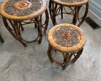 Set of 3 rattan side/end tables. Small pair: 12" x 15". Large rattan side/end table: Diameter 18" x height 18". Goes nicely with rattan sofa/couch pictured in other listing. 