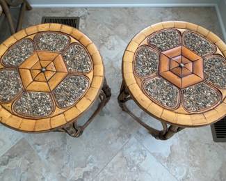 Set of 3 rattan side/end tables. Small pair: 12" x 15". Large rattan side/end table: Diameter 18" x height 18". Goes nicely with rattan sofa/couch pictured in other listing. 