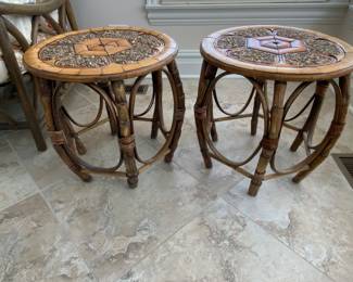 Set of 3 rattan side/end tables. Small pair: 12" x 15". Large rattan side/end table: Diameter 18" x height 18". Goes nicely with rattan sofa/couch pictured in other listing. 