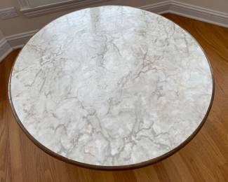 Rattan round coffee table with white faux marble top. Diameter: 37" x height 17".  Pairs nicely with rattan sofa/couch seen in other listing. 