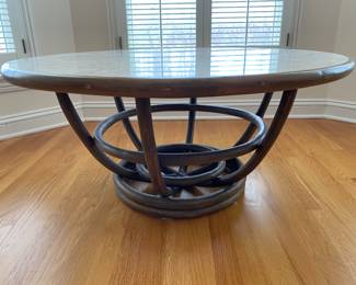 Rattan round coffee table with white faux marble top. Diameter: 37" x height 17".  Pairs nicely with rattan sofa/couch seen in other listing. 