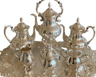 7-piece silver plated coffee/tea set with tray by Sheridan Taunton Silversmiths. 