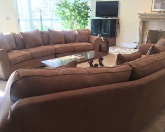 Pair of oversized large theatre style COMFY/COZY EXTRA LONG sectional sofas/couches. Buy 1 or buy the pair. Comes in four separate pieces with connectors. Approx dimensions each sofa: Width 159" x depth 40" x height 34" including cushions.   